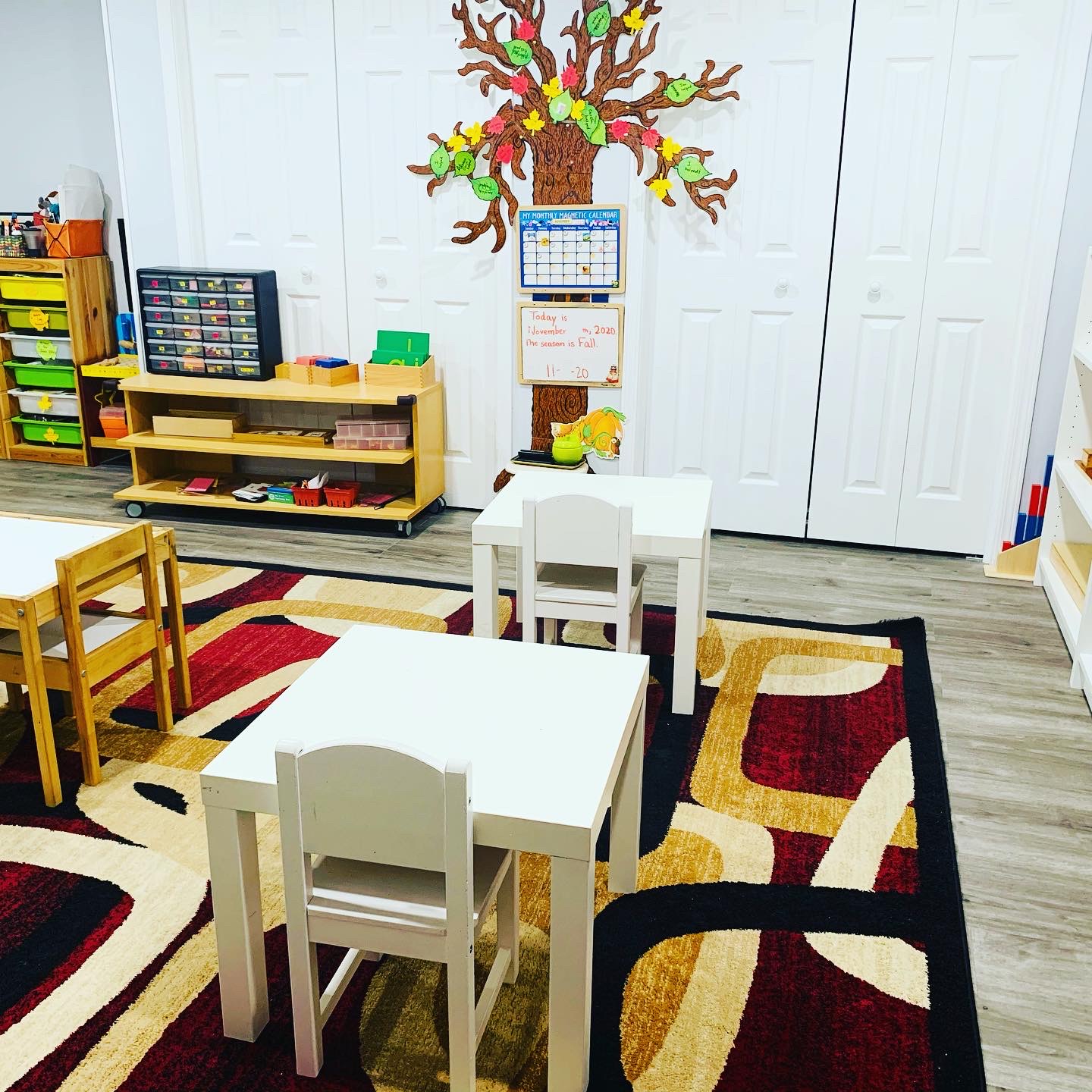 Classroom decorated with handmade fall tree art